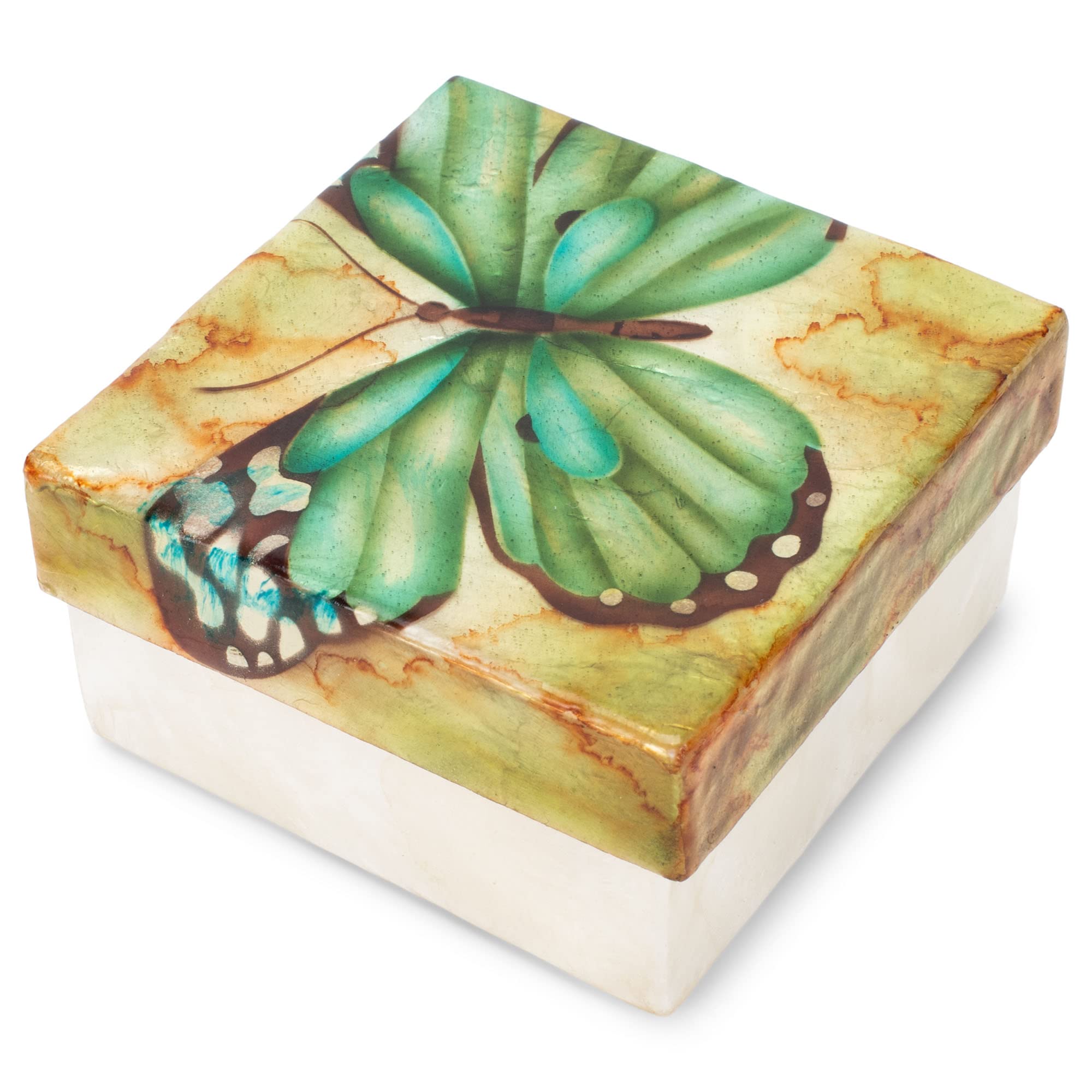Cottage GardenHand Painted Iridescent Capiz Shell Square 3 x 3 inch Keepsake Decorative Memory Trinket Jewelry Ring Earring Necklace Organizer Vintage Box with Lid, Blue Green Butterfly
