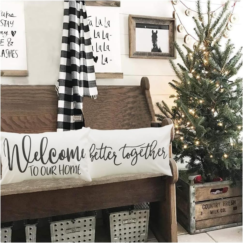 Set of 4 Rustic Farmhouse Pillow Covers 12x20 Welcome to Our Home Relax Lumbar Pillow Cover Quote Better Together Let's Snuggle Throw Pillow Case for Couch Sofa Bed Porch Family Room Decor