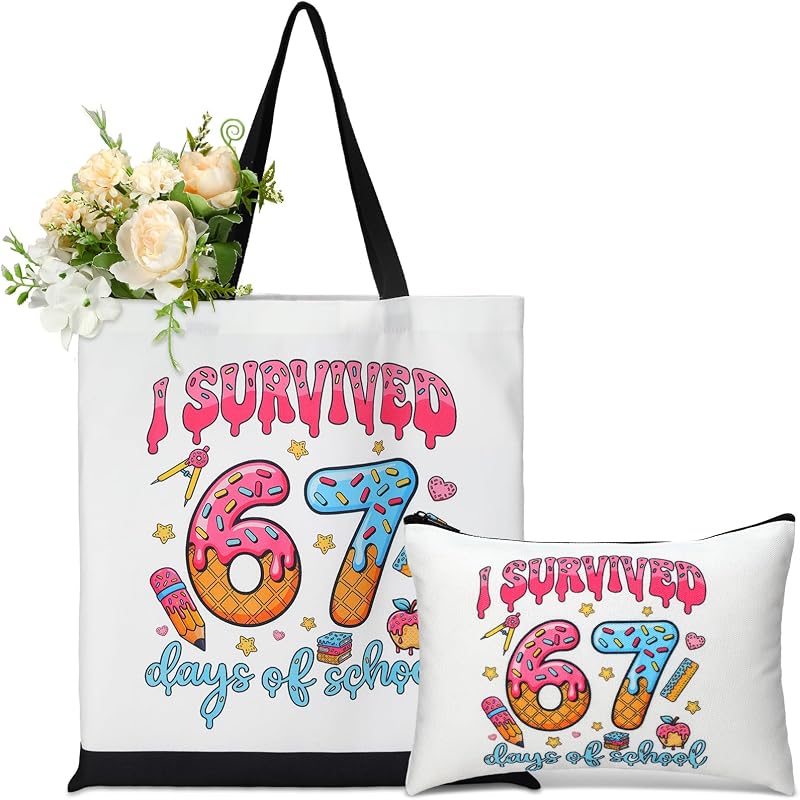 Paterr Bolsa tote de lona e necessaire de maquiagem com estampa I SURVIVED 67 day