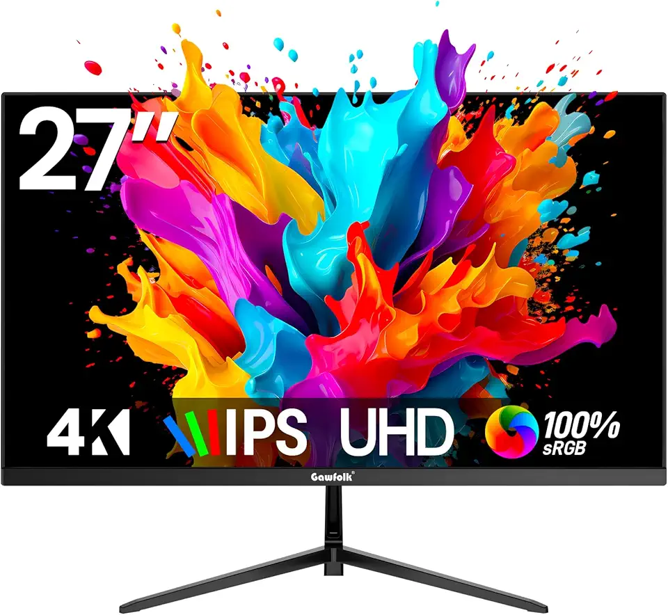 Gawfolk Monitor de 27 polegadas 4K IPS 60Hz, UHD 3840 x 2160p monitores de PC, dispalia de computador para casa e escritório, compatível com HDMI e DP, suporte de parede
