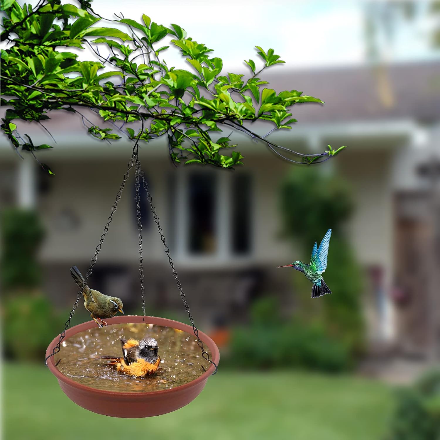 Hanging Bird Bath Bird Feeder for Outdside, 12" in Diameter × 2.25" Deep Brick Red Bird Bath Tray,Made of PP Material with 15.7" Antirust Paint Black Chain for Garden Yard Decoration