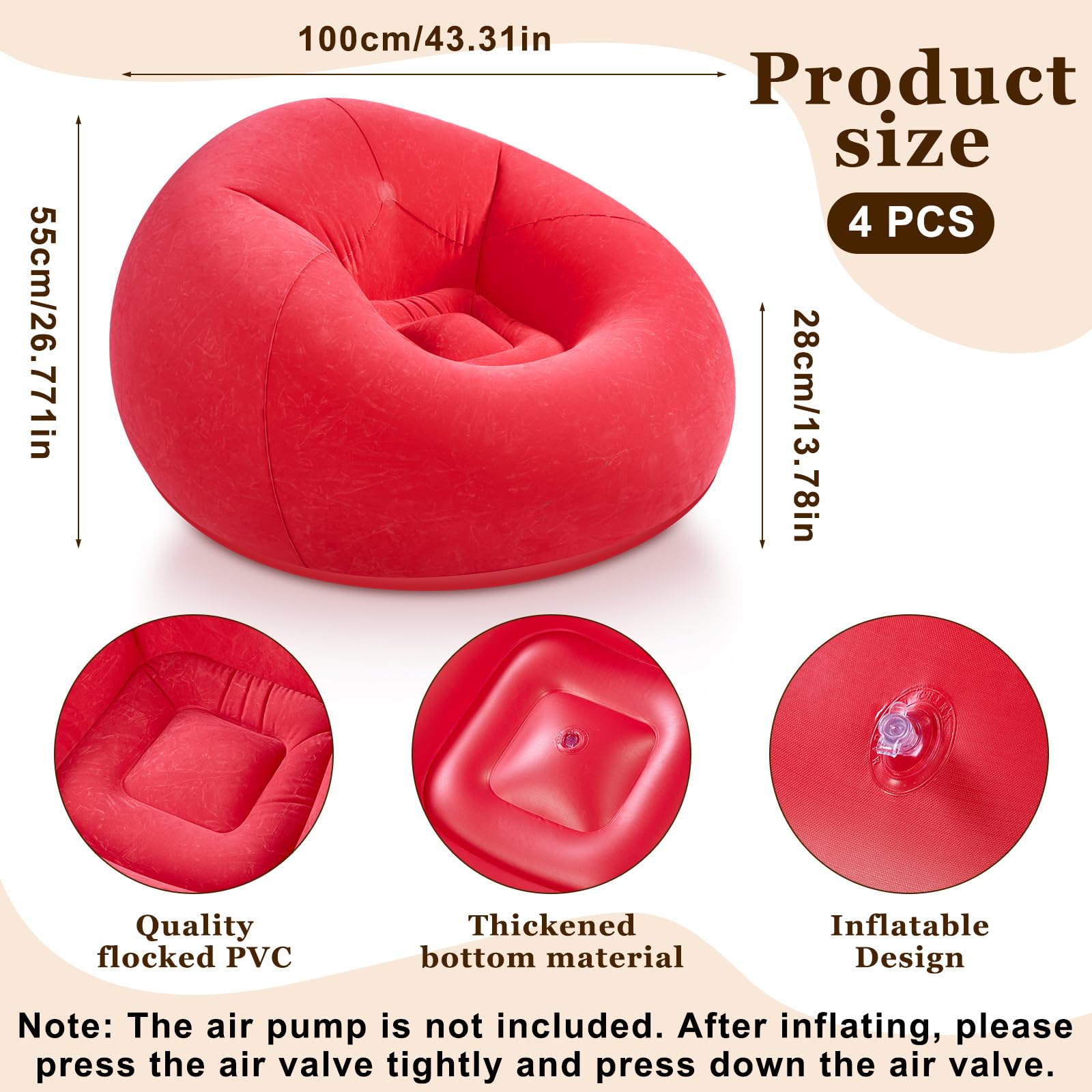 Realspring Inflatable Sofa Bean Bag Inflatable Lounge Chair Inflatable Lazy Sofa Folding Portable Inflatable Chair for Living Room Bedroom Balcony Reading Room (Brown, Red, Blue, Orange,4 Pcs)