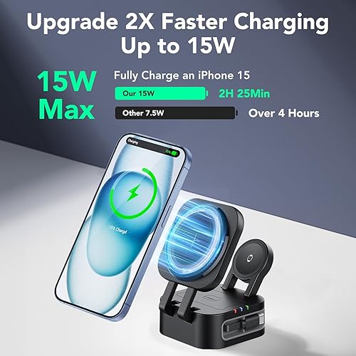 Miniatura 3 de Estación de carga 3 en 1 de carga rápida, cargador inalámbrico plegable magnético, compatible con iPhone 17 16 15 14 13 12 Pro Max, Apple Watch,