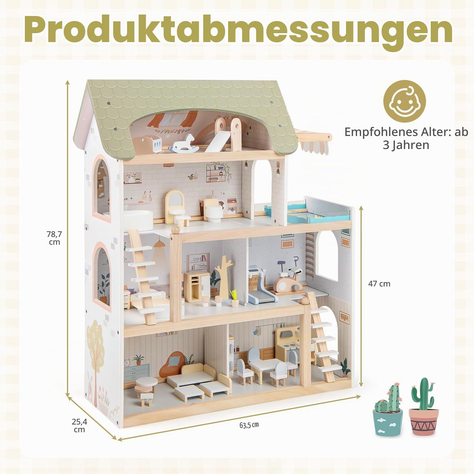 FANTASK Puppenhaus Holz, Puppen-Villa mit 33 Möbelstücken, Balkon & Pool, Puppenvilla Traumvilla, Kinder Dollhouse, Spielzeuggeschenk für Mädchen & Jungen ab 2 Jahren