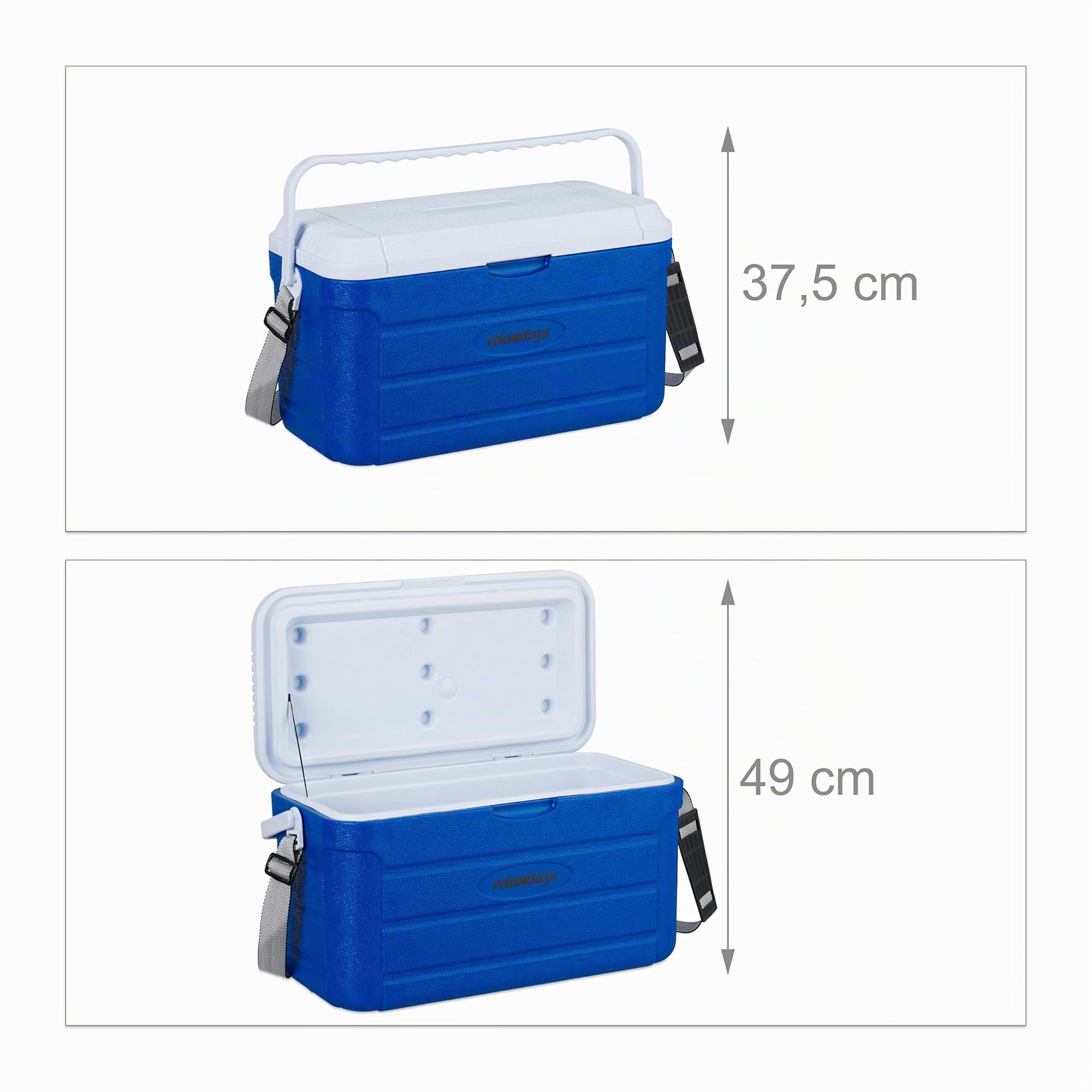 Relaxdays Frigo Portatile 20L, da Viaggio, Tracolla da Trasporto e Manico Senza Elettricità HLP 29 x 52,5 x 26,5 cm, Blu