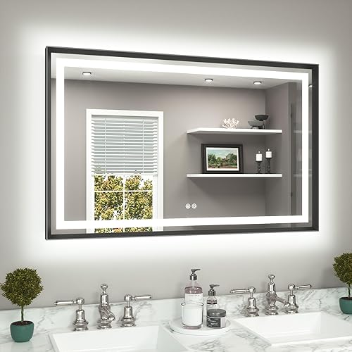 Miniatura 29 de TETOTE Espejo LED de baño de 24 x 32 pulgadas, marco de metal dorado cepillado frontal y retroiluminado, espejo de tocador antiniebla, regulable Oro