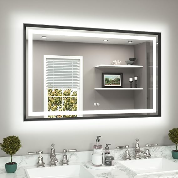 TETOTE 48 x 30 Large Bathroom Mirror Brushed Black Metal Frame Frontlit & Backlit Vanity Mirror 3 Colors White/Warm/Natural Stepless Dimmable Anti-Fog Bathroom Mirrors for Vanity Wall-Mounted