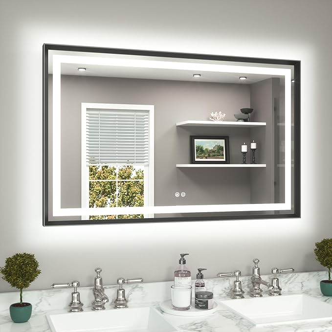 TETOTE 48 x 30 Large Bathroom Mirror Brushed Black Metal Frame Frontlit & Backlit Vanity Mirror 3 Colors White/Warm/Natural Stepless Dimmable Anti-Fog Bathroom Mirrors for Vanity Wall-Mounted