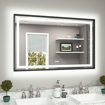 TETOTE 48 x 30 Large Bathroom Mirror Brushed Black Metal Frame Frontlit & Backlit Vanity Mirror 3 Colors White/Warm/Natural Stepless Dimmable Anti-Fog Bathroom Mirrors for Vanity Wall-Mounted