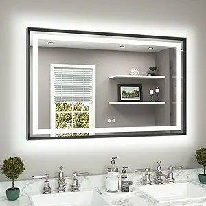 TETOTE 48 x 30 Large Bathroom Mirror Brushed Black Metal Frame Frontlit & Backlit Vanity Mirror 3 Colors White/Warm/Natural Stepless Dimmable Anti-Fog Bathroom Mirrors for Vanity Wall-Mounted