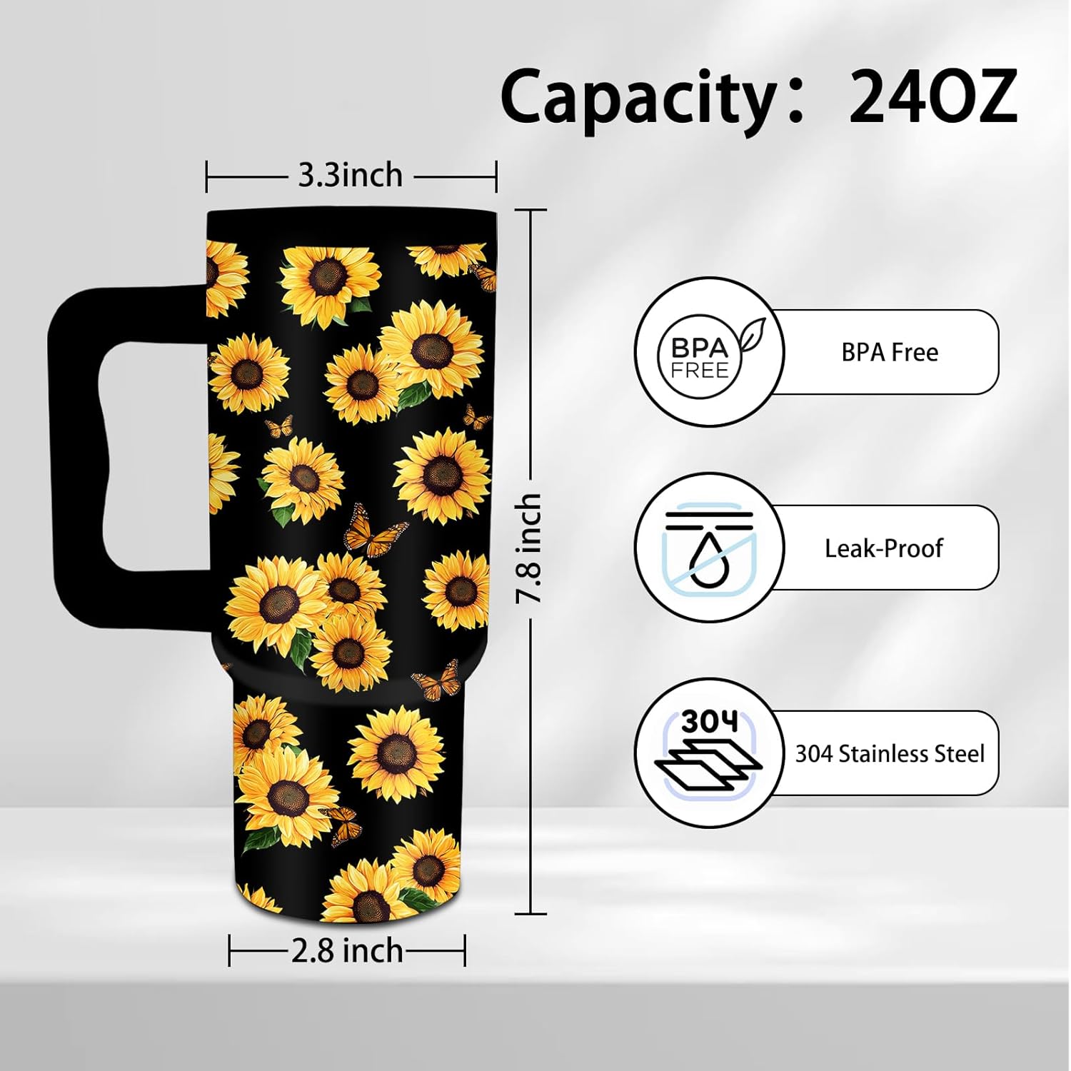 Sunflower Gifts - 24 oz Tumbler with Handle and Straw - Insulated Stainless Steel Cup, Leakproof, Sunflower Design Travel Mug for Women, Best Friends Birthday Gifts, BPA Free, Keeps Drinks Cold/Hot - Image 2