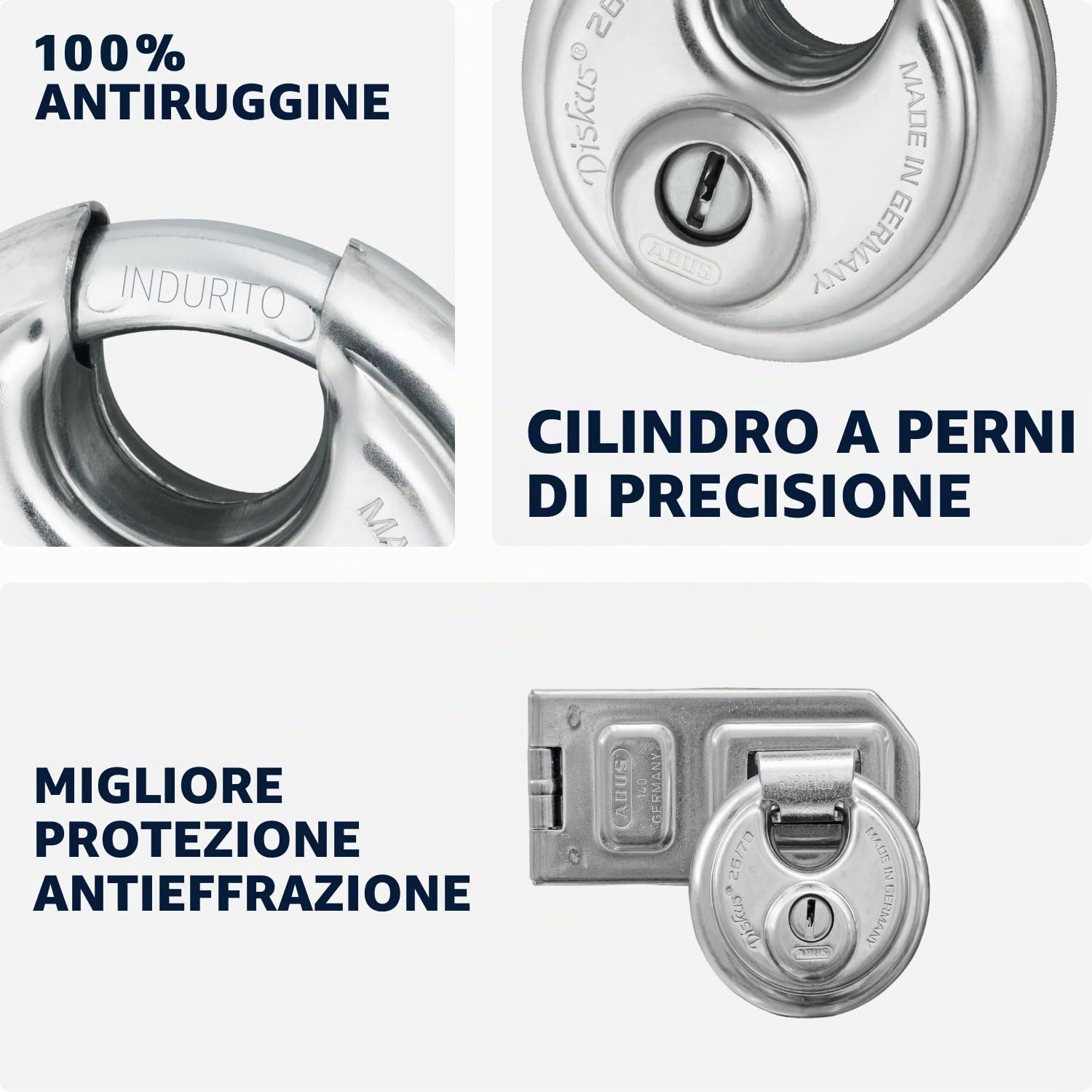 ABUS Lucchetto a Disco 26/70 - Sicurezza Livello 8, Antiforo | Corpo in acciaio inox resistente alle intemperie - arco in acciaio speciale - 70x70x30 mm - 403 g - per furgoni e cantine