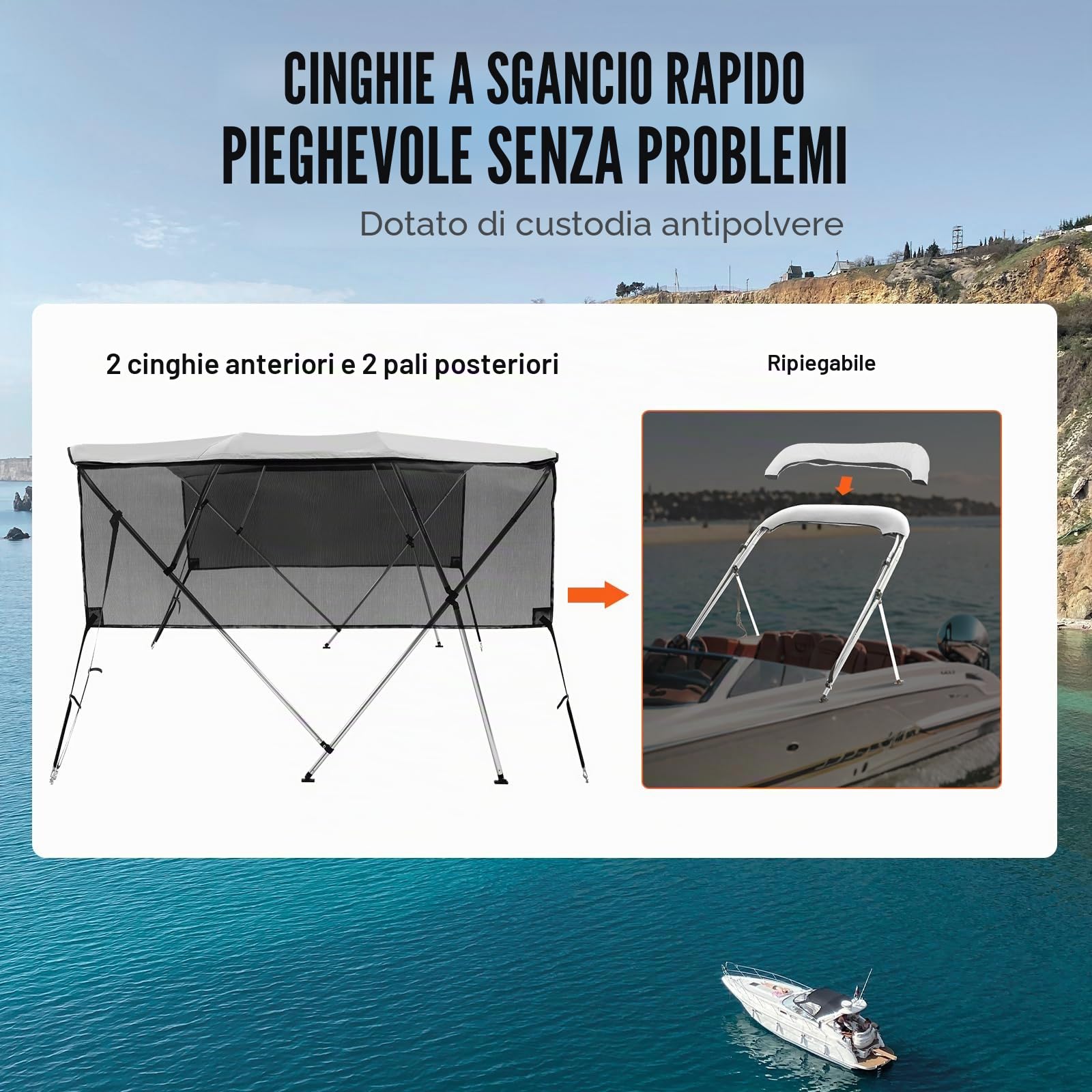 VEVOR Copertura per barca bimini top a 4 prua, tettoia in poliestere 600D da 1", include bagagliaio, 2 pali di supporto, 2 cinghie, 8'L x 54"H x 85"-90"W, grigio chiaro
