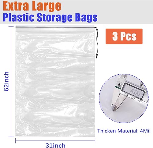 Miniatura 2 de Bolsas de plástico transparentes extragrandes con cordón de 157x79 cm, 3 paquetes (4 milímetros), bolsa de almacenamiento reutilizable a prueba de