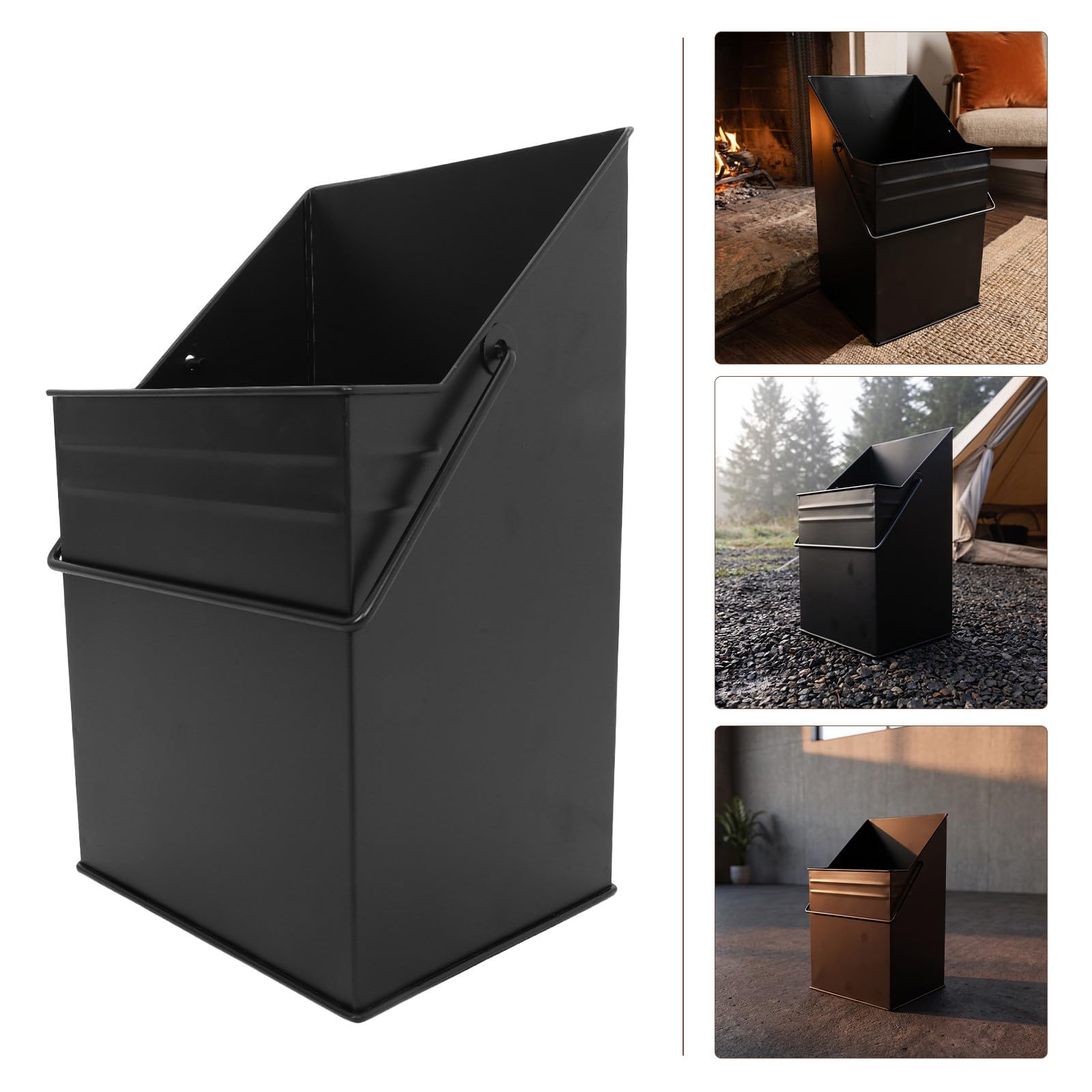 Negro Cubo de Chimenea con Asa Resistente de Hierro