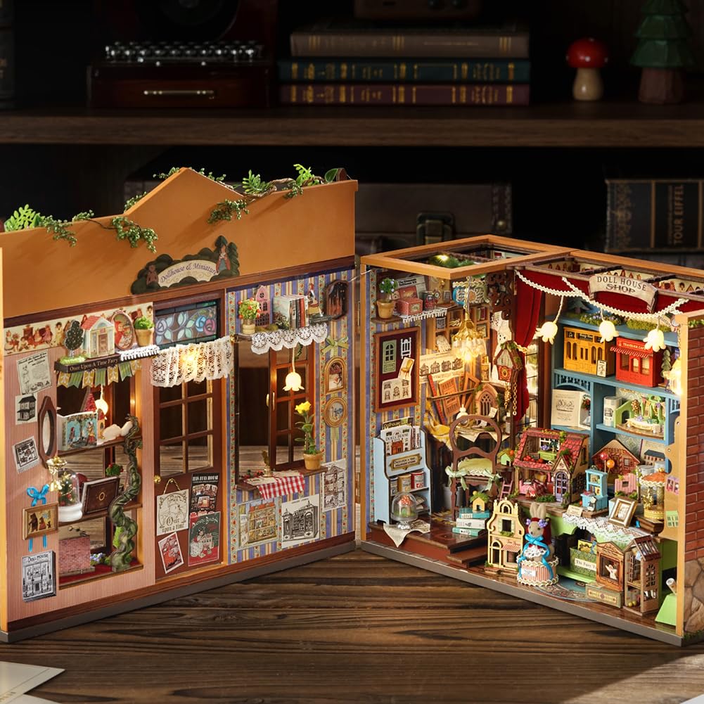 Miniaturowy domek dla lalek do samodzielnego montażu, puzzle z meblami LED, puzzlami 3D i szklarniami na książki - kreatywny zestaw do dekoracji półek. (bez osłony ochronnej)