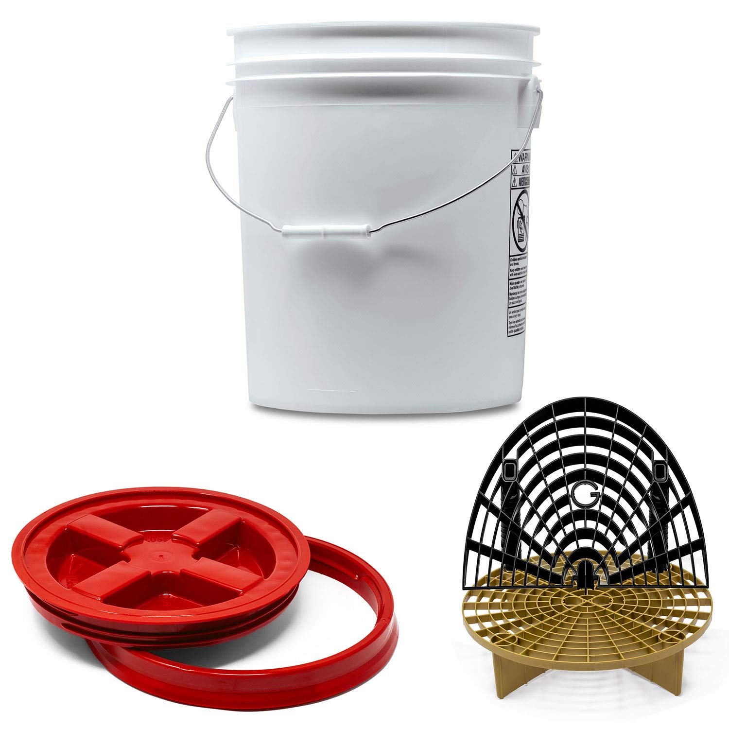 Detailmate professionelles Wasch Eimer Set: Magic Bucket Wascheimer 5 GAL (ca. 20 Liter), Gamma Seal Eimerdeckel rot, GritGuard Schmutz Einsatz Gold, GritGuard Washboard schwarz