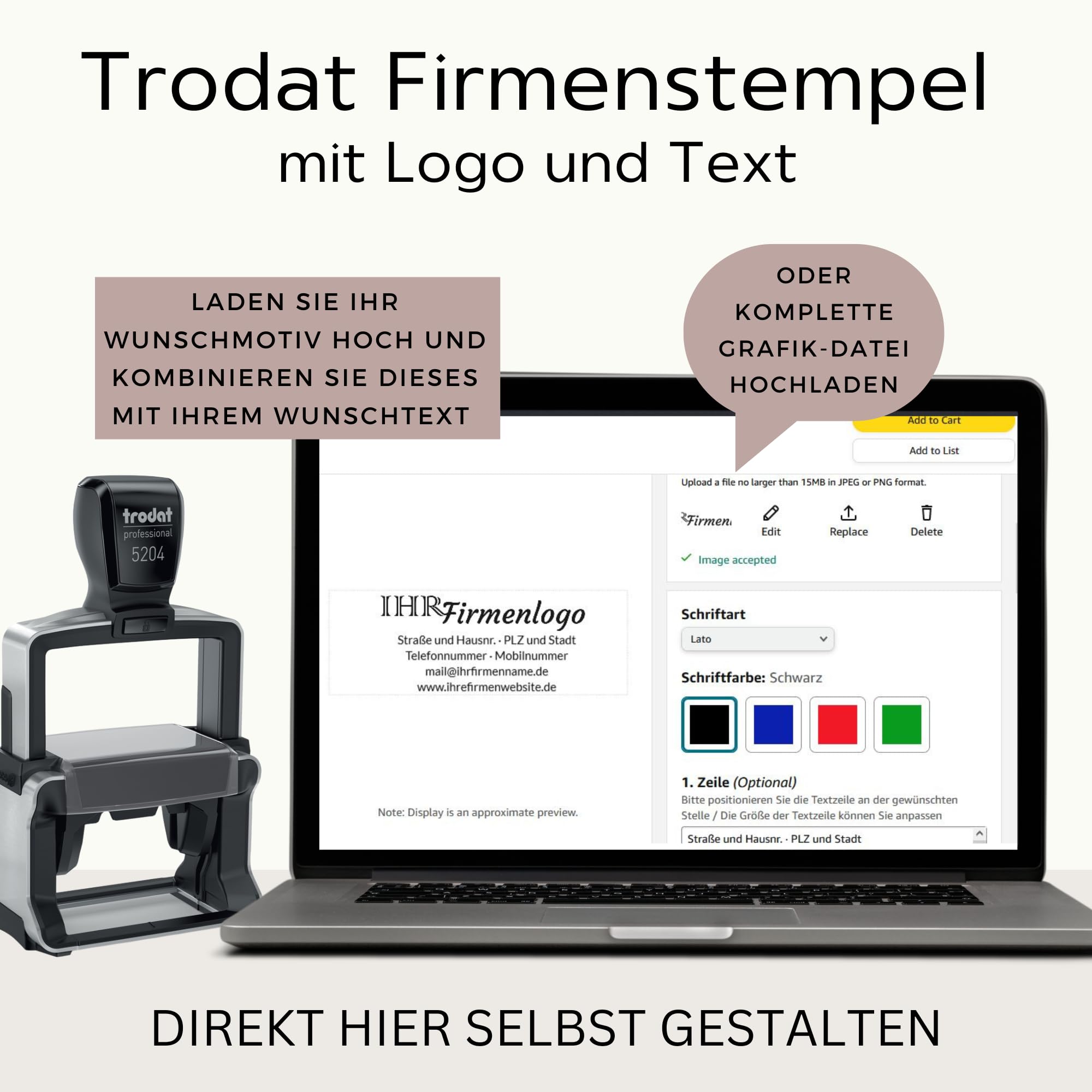 Trodat Firmenstempel mit Logo und Text – Professional 5204 – Personalisierter Stempel zum Bestellen mit bis zu 6 Zeilen, Abdruck 56x26 mm