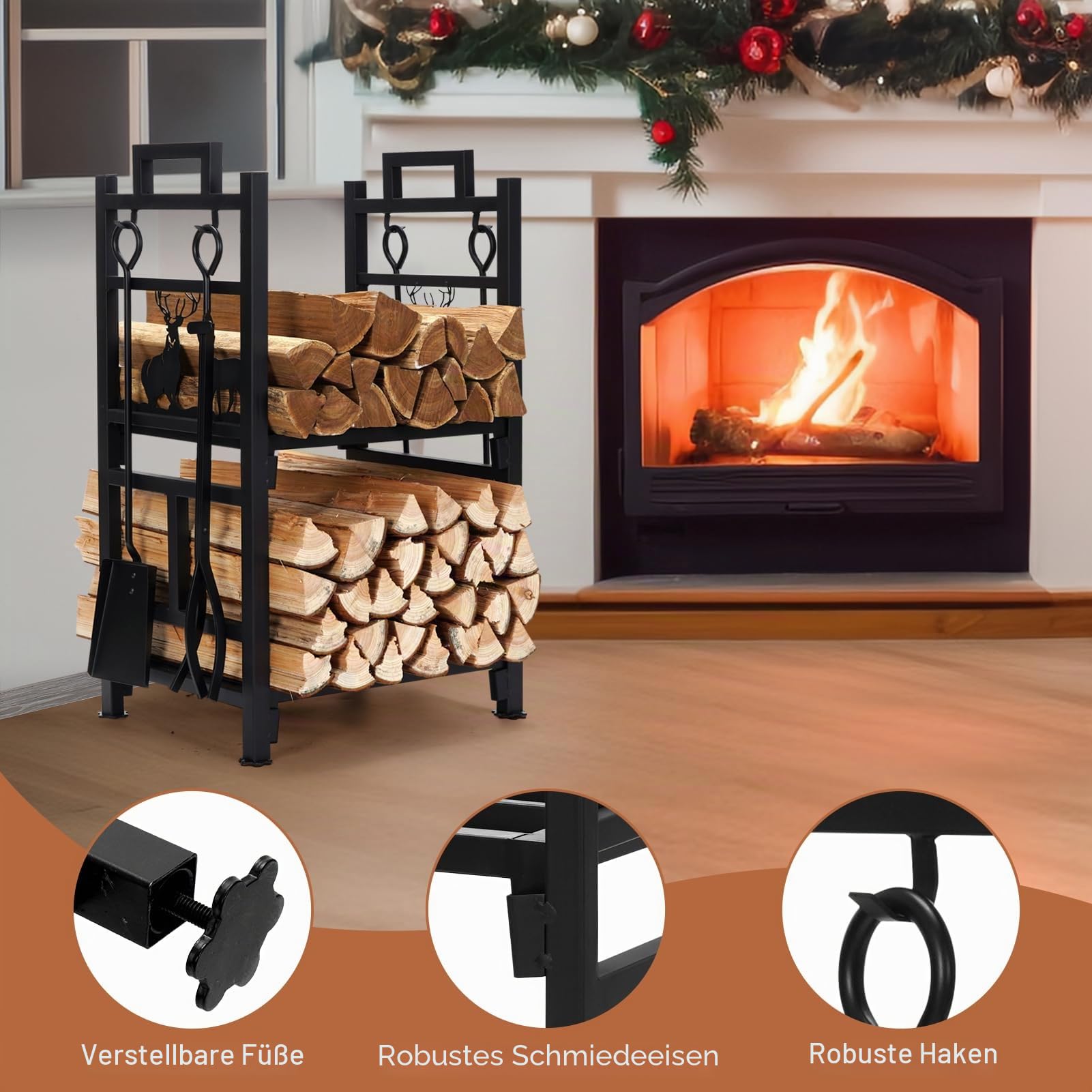 Kaminholzhalter, 2-lagig, aus Eisen, mit 4 Werkzeugen, Bürste, Schaufel, Zange und Haken – keine Schrauben erforderlich für Holzlagerung, Stapelmontage