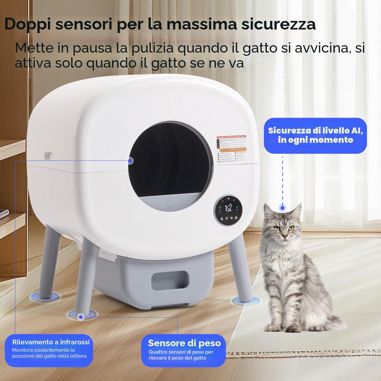Fsitego Lettiera per gatti autopulente: lettiera automatica extra large per più gatti, controllo degli odori, basso rumore, controllo tramite app e pannello, facile smaltimento dei rifiuti