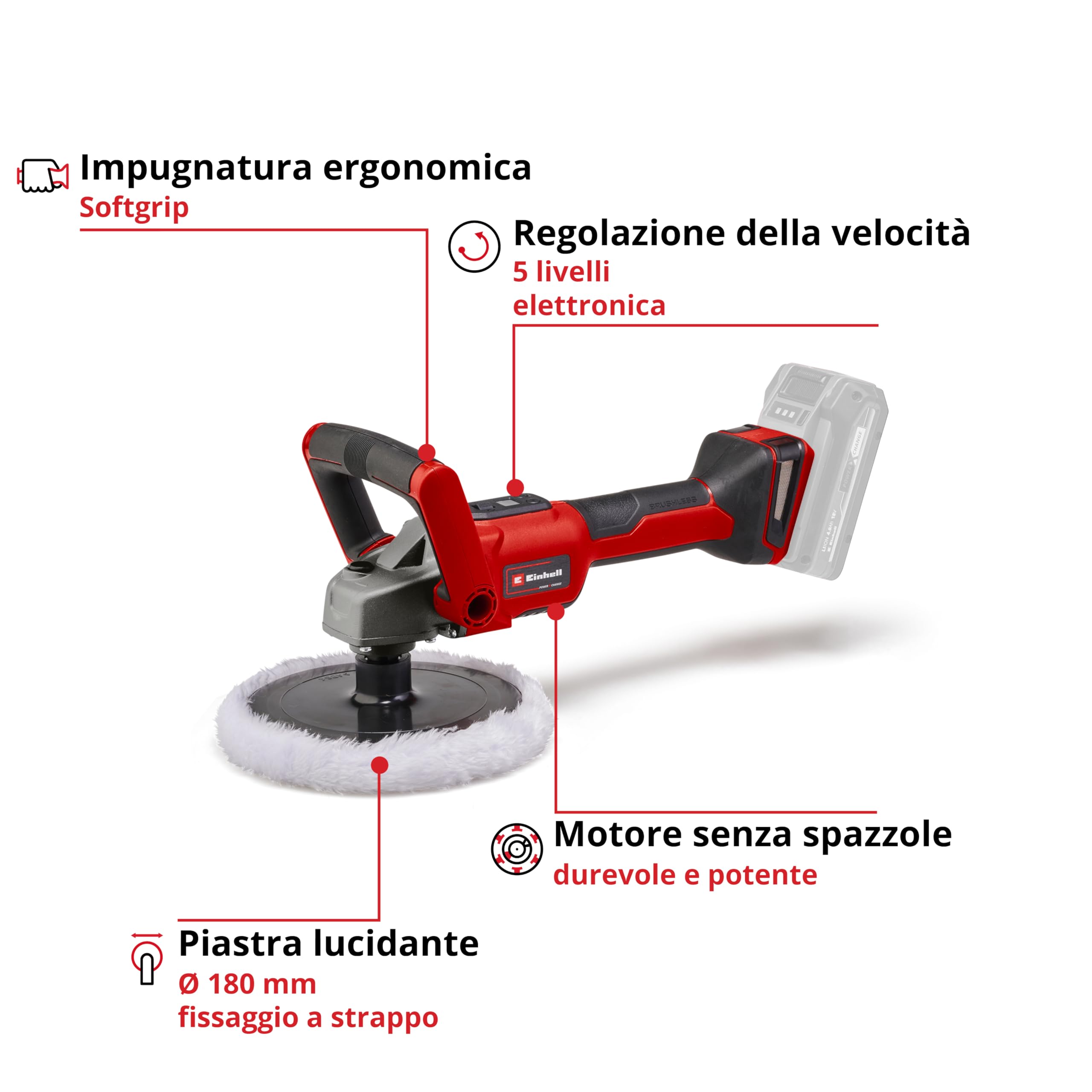 Einhell Lucidatrice/levigatrice a batteria CE-CP 18/180 Li E-Solo Power X-Change (li-ion, motore brushless, regolazione elettronica del numero di giri senza batteria e senza caricabatteria)