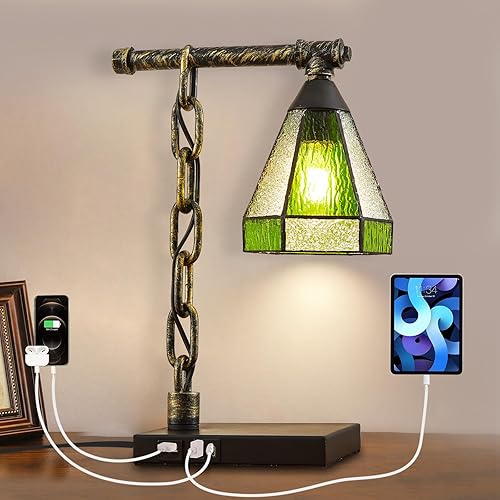 Tiffany - Lámpara de mesa con 2 puertos USB y 1 puerto de carga tipo C, lámpara de mesa rústica con pantalla de vidrio vintage verde fluorescente,