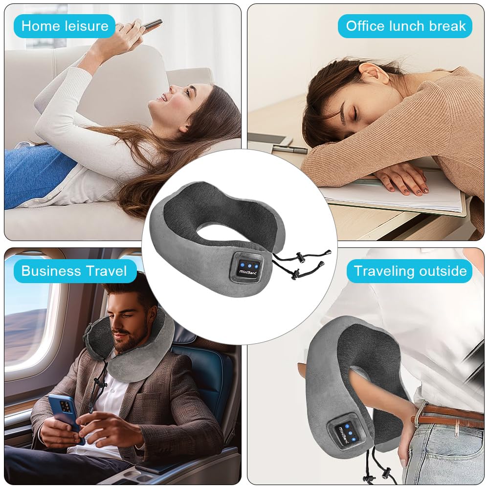Ateupom Neck Pillow with Bluetooth Headphones Function for Travel, Travel Pillow with Made of Memory Foam, Airplane Pillow, Wireless Headphones with Microphone for Traveling Car Home Office Dark Gray 3