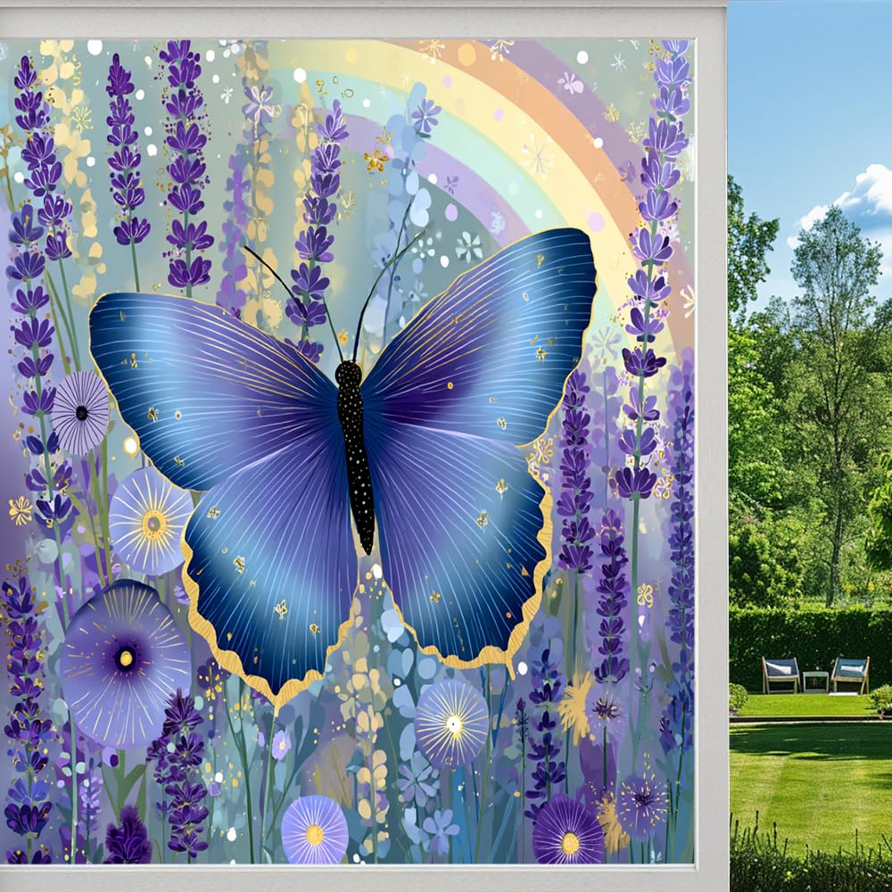Blue Butterfly Lavender Frosted Window Film, Nature Wildflowers Garden Stained Glass Privacy Film, Heat Insulation Self-Adhesive Vinyl for Bathroom Office,（55x100cm）