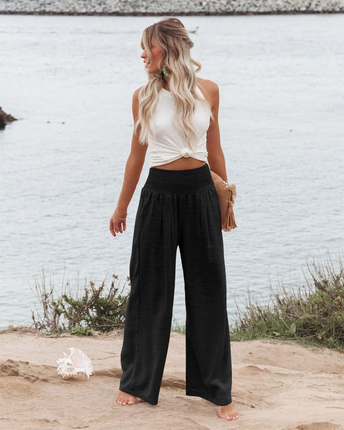 Womens Elastic High Waisted Palazzo Pants Casual Wide Leg Long Lounge Pant Trousers with Pocket - Image 3
