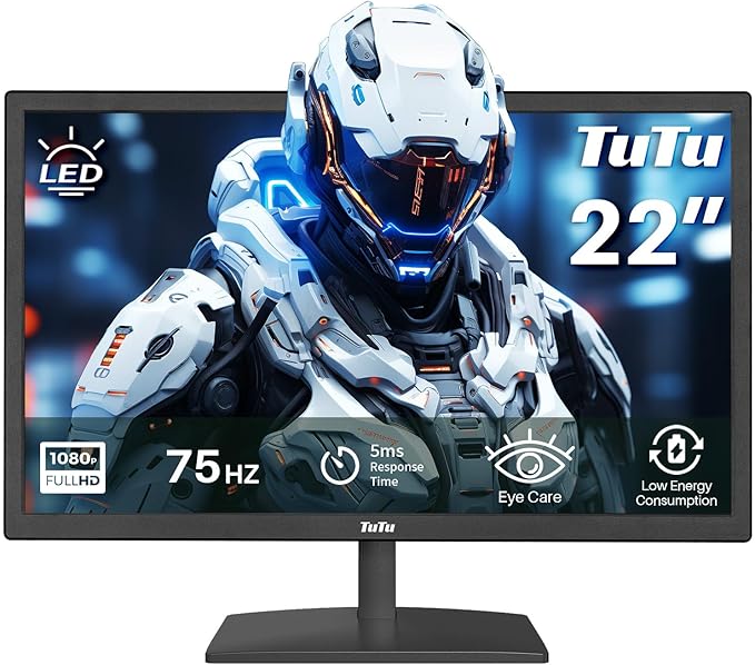 TuTu Écran PC 22 Pouces Bureautique Full HD LED 75Hz Moniteur PC VGA HDMI Écran Ordinateur de Bureau 5ms Soin des Yeux Anti-Scintillement Travail