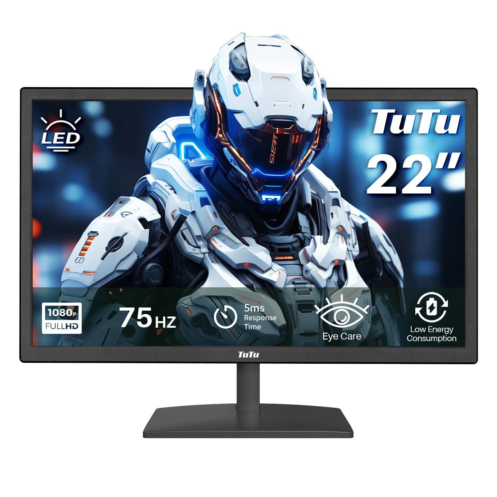 TuTu Écran PC 22 Pouces Bureautique Full HD LED 75Hz Moniteur PC VGA HDMI Écran Ordinateur de Bureau 5ms Soin des Yeux Anti-Scintillement Travail