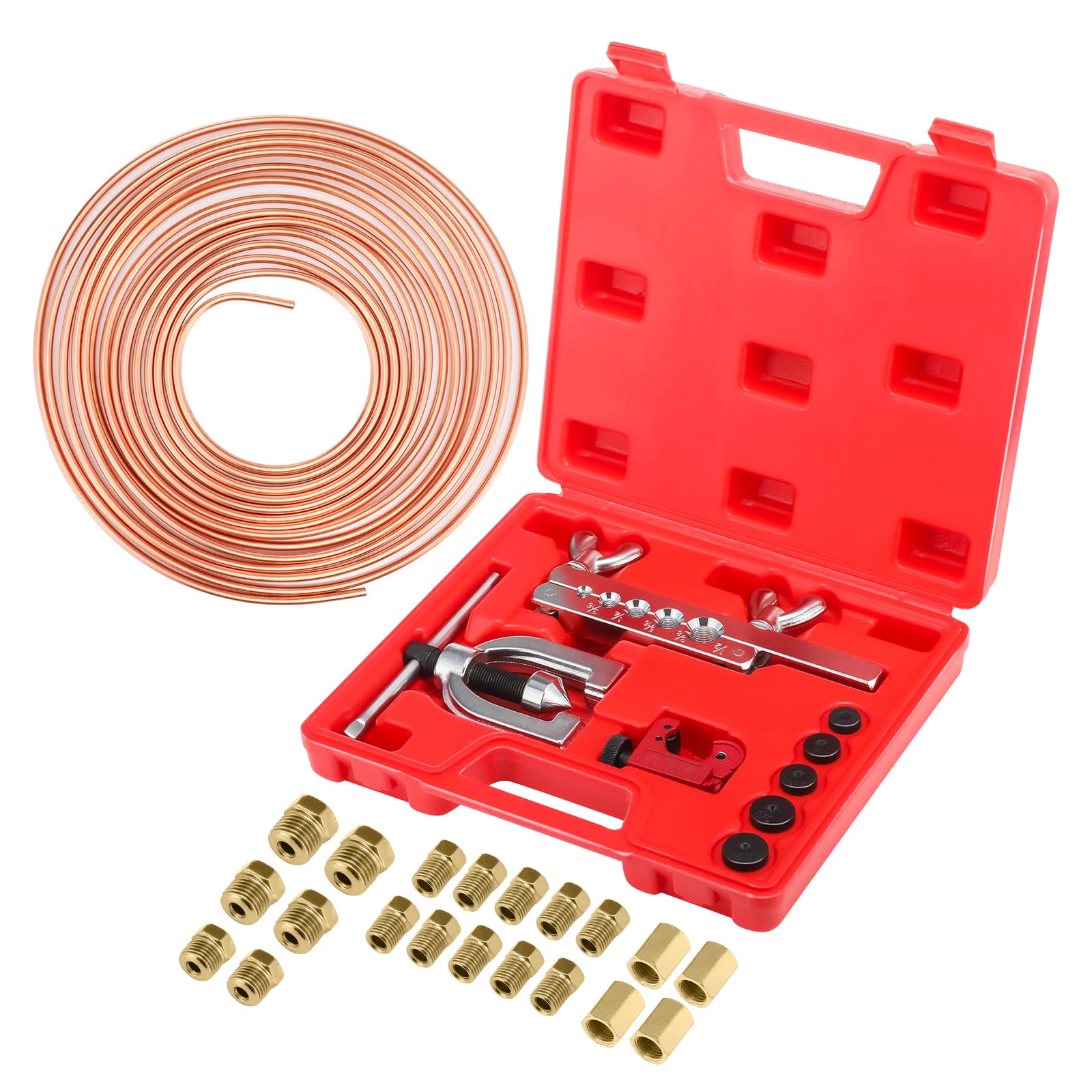 25 ft 3/16'' Copper Coated Brake Line Kit with 16 Fittings and 4 Unions Brake Line Fittings,Brake Line Double & Single Flaring Tool Kit,Fits for Most Hydraulic Braking Systems,Fuel Systems