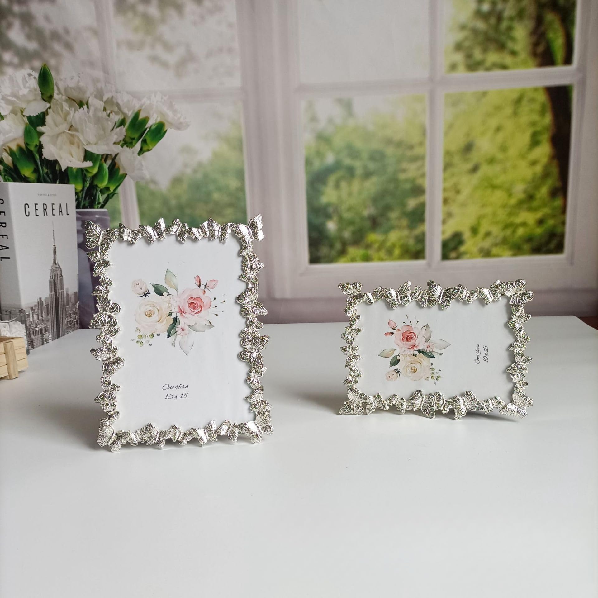 GIFTME 5 Cornice portafoto in argento 5 x 7 madreperla 5 x 7 cornice portafoto in vetro mosaico da tavolo (grigio+ bianco, 1 pezzo