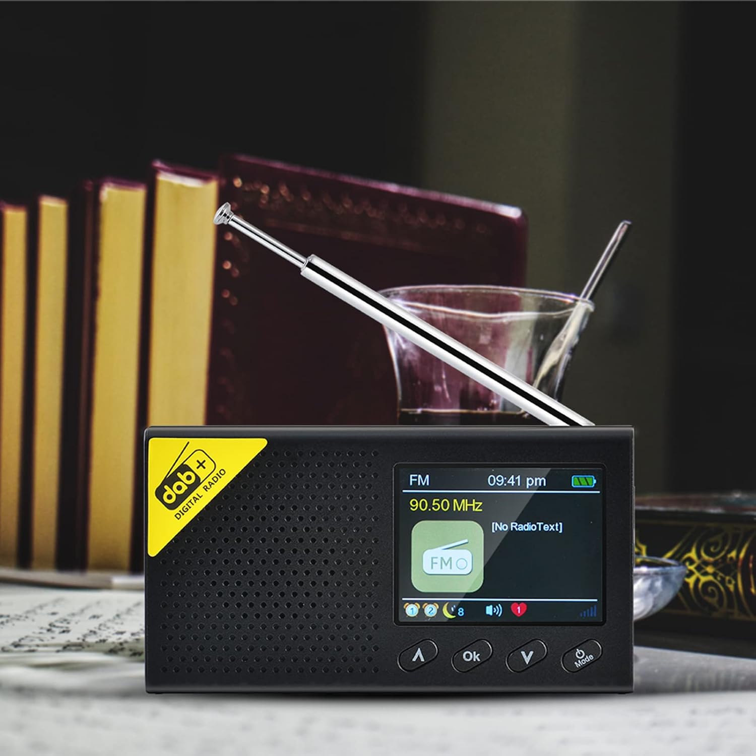 The Fdit DAB/DAB+ FM Radio displaying an FM frequency (90.50 MHz) and 'No RadioText' on its screen.