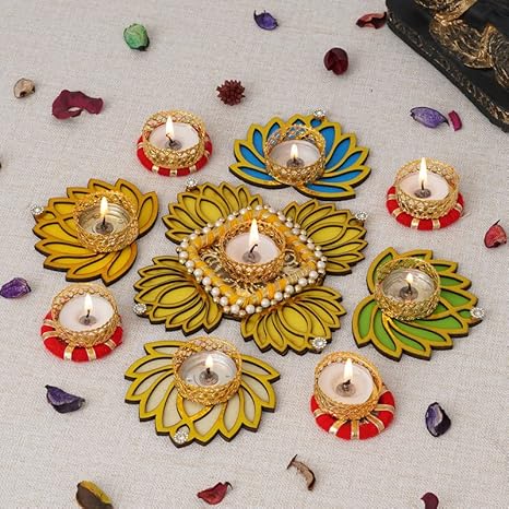 Sanvatsar Home Decorative Lotus Rangoli & Lotus Diya Set | Corporate Gift, Diwali Gift, Diya For Puja Home Decoration Light Diya, New Year Candle Set Of 9(Yellow), Plastic, Floral - Image 2
