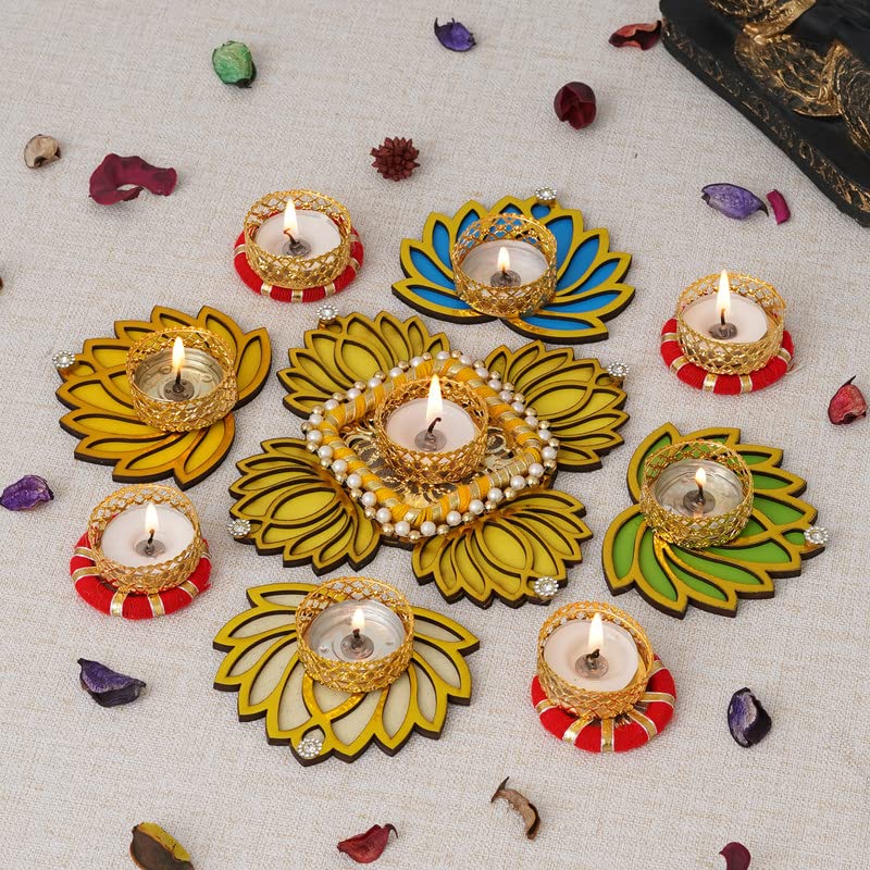 Image of Sanvatsar Home Decorative Lotus Rangoli & Lotus Diya Set | Corporate Gift, Diwali Gift, Diya For Puja Home Decoration Light Diya, New Year Candle Set Of 9(Yellow), Plastic, Floral