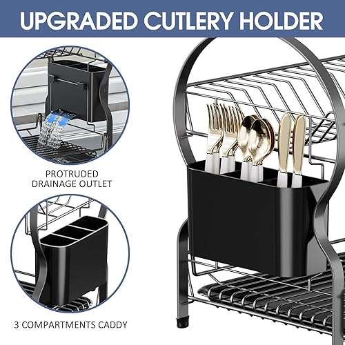 Miniatura 5 de TOOLF Escurridor de platos para encimera de cocina, escurridor de platos de cocina de 2 niveles con escurridor, escurridor de platos de gran