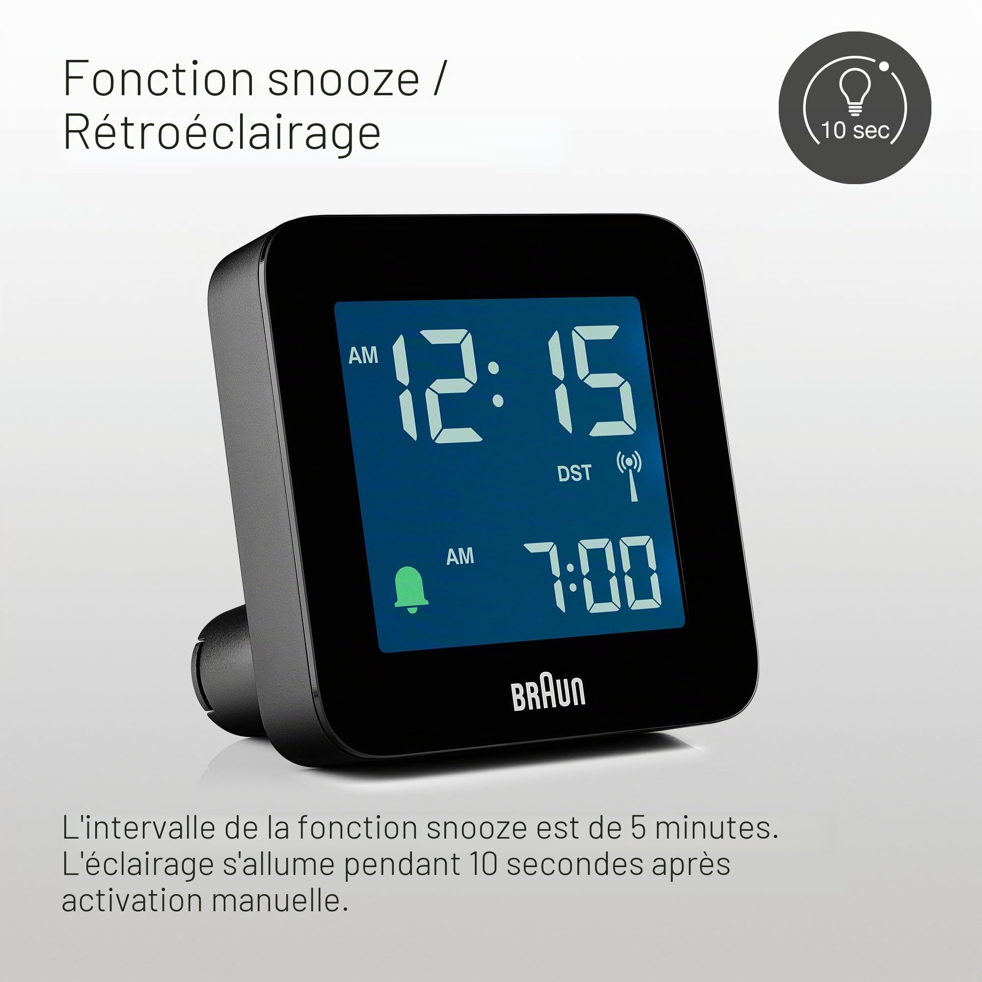 Braun Réveil numérique radiocommandé pour Le Fuseau horaire de l’Europe Centrale (DCF) avec Fonction Snooze, écran LCD négatif, réglage Rapide, bip de l’Alarme en Crescendo, en Noir, modèle BC09B-DCF