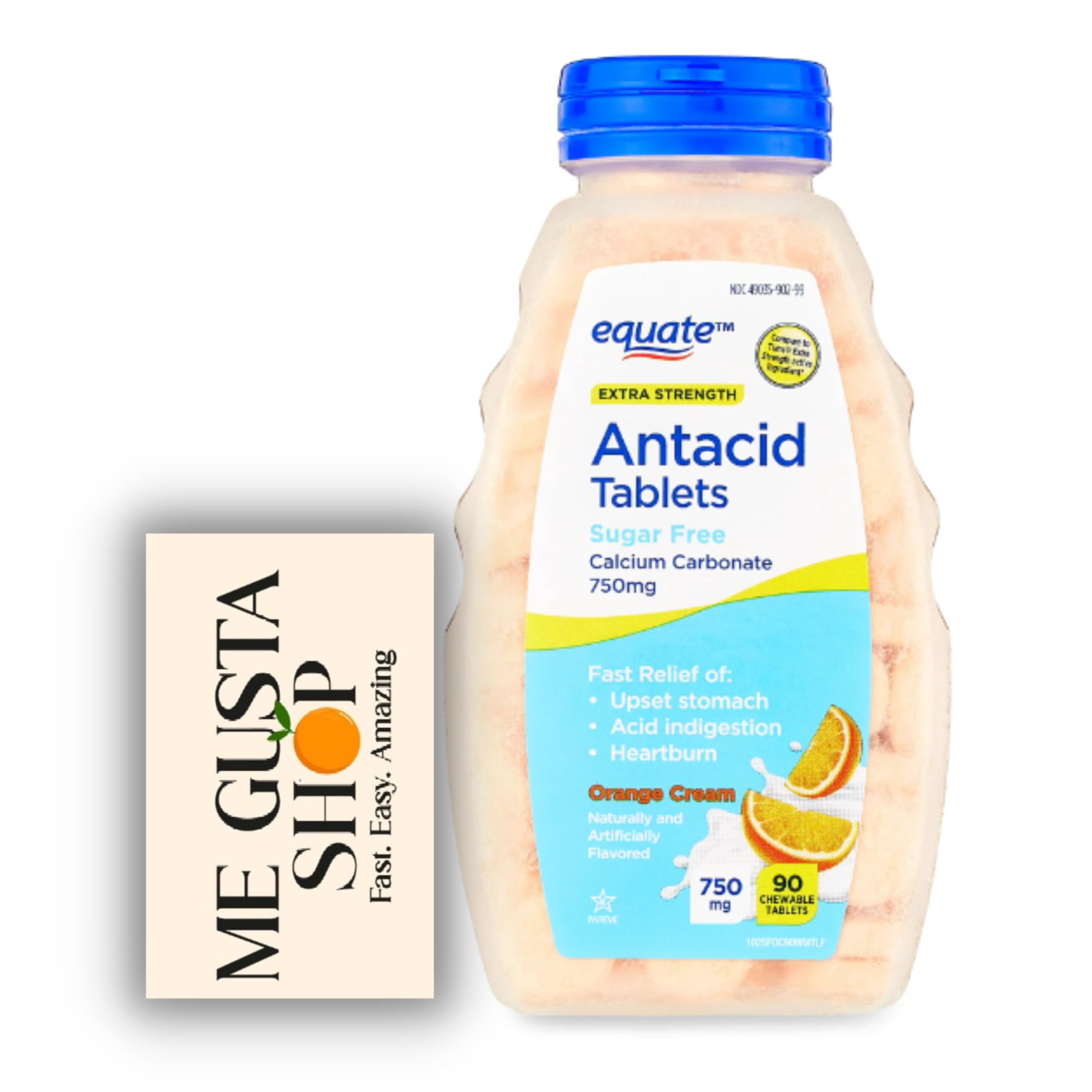Equate Extra Strength Sugar-Free Antacid Chewable Tablets, Orange Cream,750 mg 90 Count Includes Pill Organizer