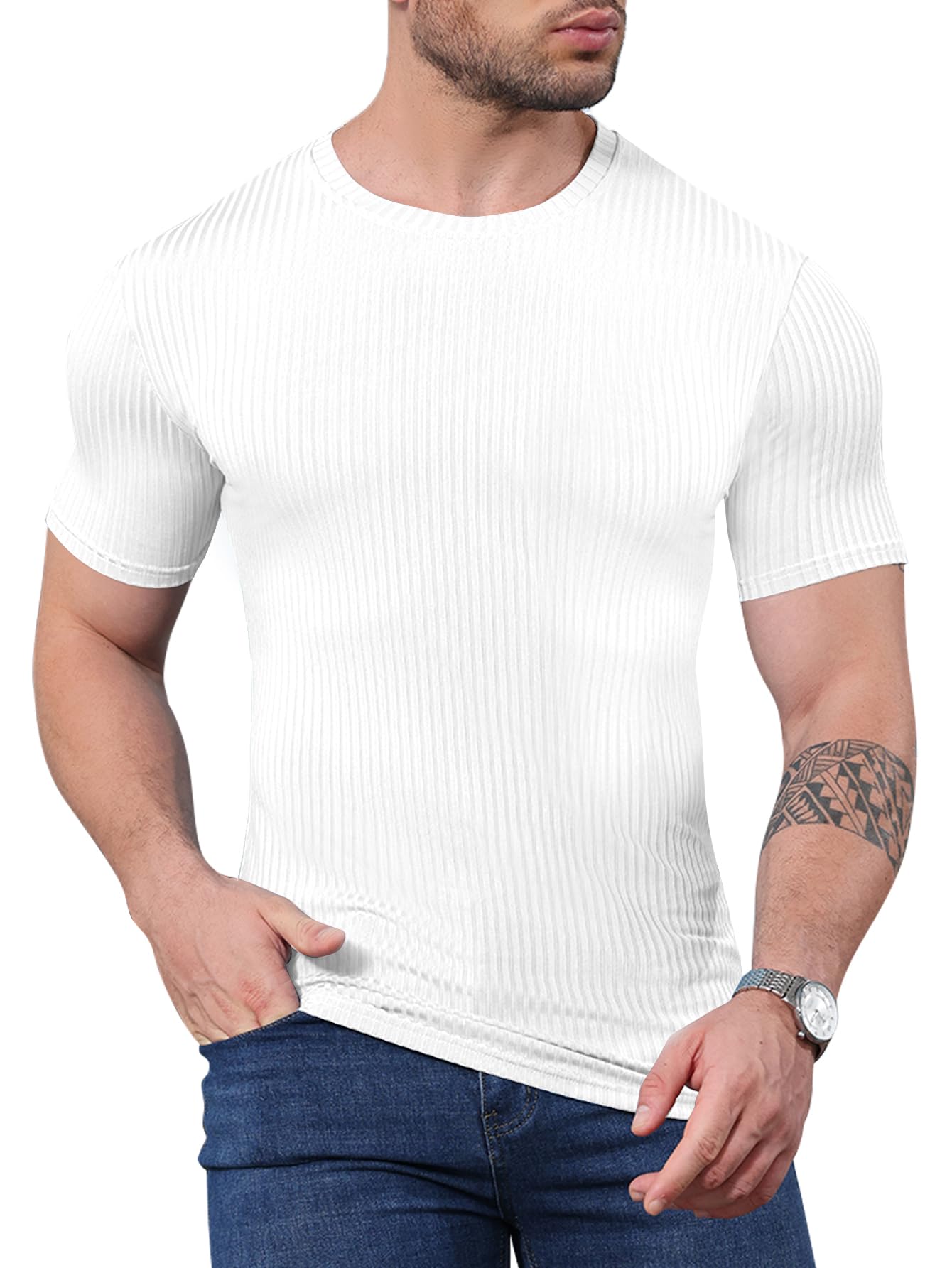YKR Mens Muscle Shirt Workout Gym Shirts Crewneck Short Sleeve Slim Fit T Shirt