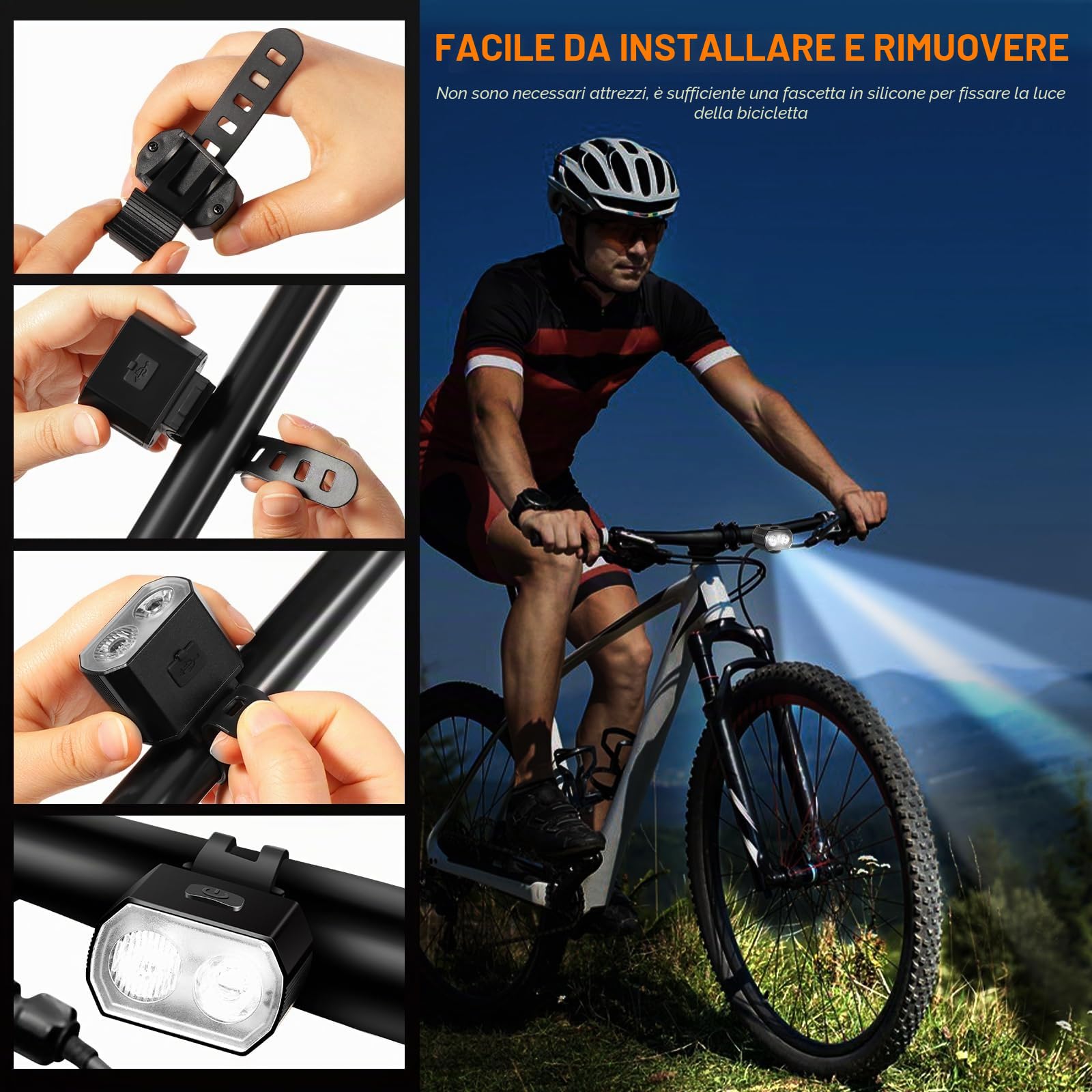 Vinabo Kit Luci Bicicletta - Faro e Fanale Posteriore, Ricarica USB, Impermeabile IPX6, 6 Modalità di illuminazione, Leggero e Resistente, Adatto a Tutte le Biciclette e a Varie Condizioni di Guida
