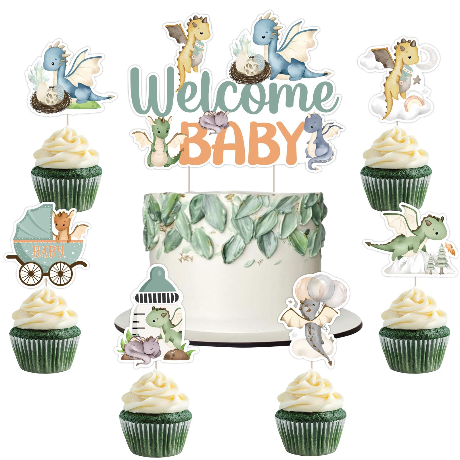 Sursurprise Dragon Baby Shower Decorations, 25PCS Welcome Baby Cake Topper Dragon Cupcake Toppers for Dragon Party Supplies