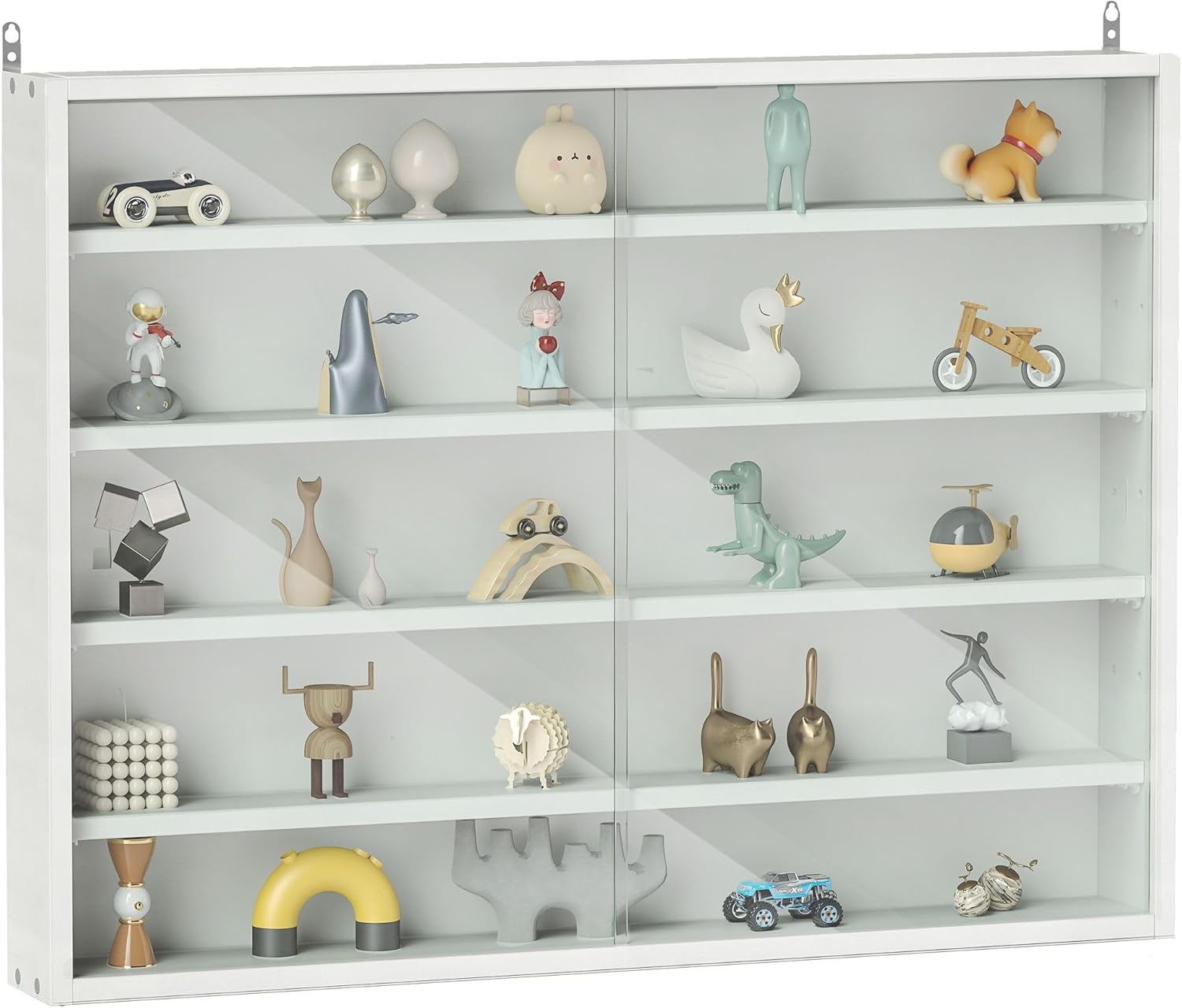 5-Tier White Elegant Glass Display Cabinet, Crystal Glass Doors, Adjustable Shelves, Wall-Mounted, Classy Design Presentation