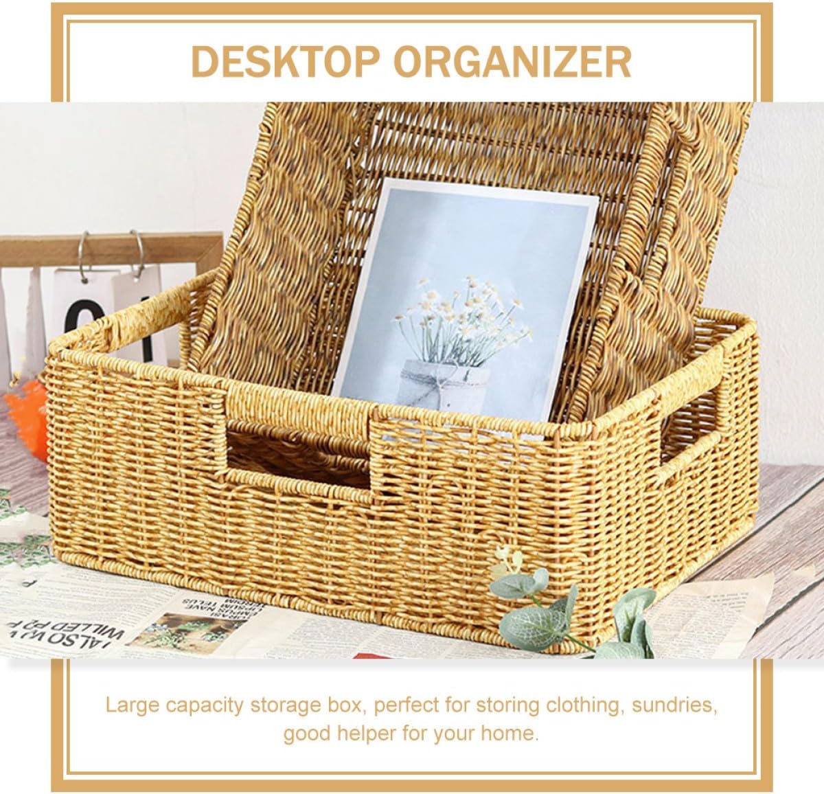 BESPORTBLE Woven Storage Organizer Basket, Handcrafted Imitation Rattan Sundries Bin with Hollow Handles, Large Capacity Decorative Desktop Storage for Home and Office, Light Coffee Color