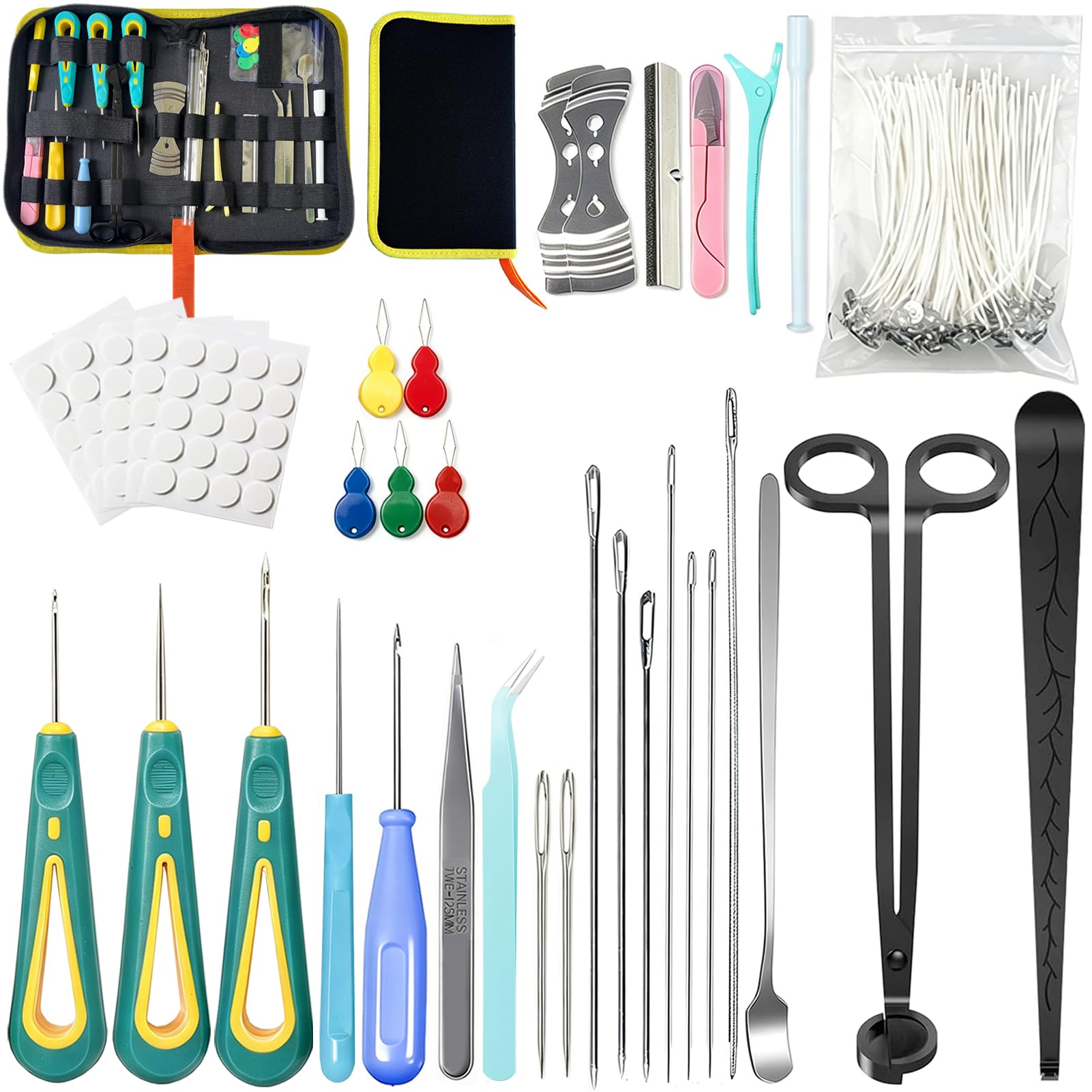 135PCS Candle Making Kits with Candle Wick Trimmer(7IN)&amp; Dipper,Big Eye Long Needle Mold Hook Punch Needle for Inserting Wick,Cotton Wick with Metal Sustainer Tabs,Wick Stickers for Candle Lovers