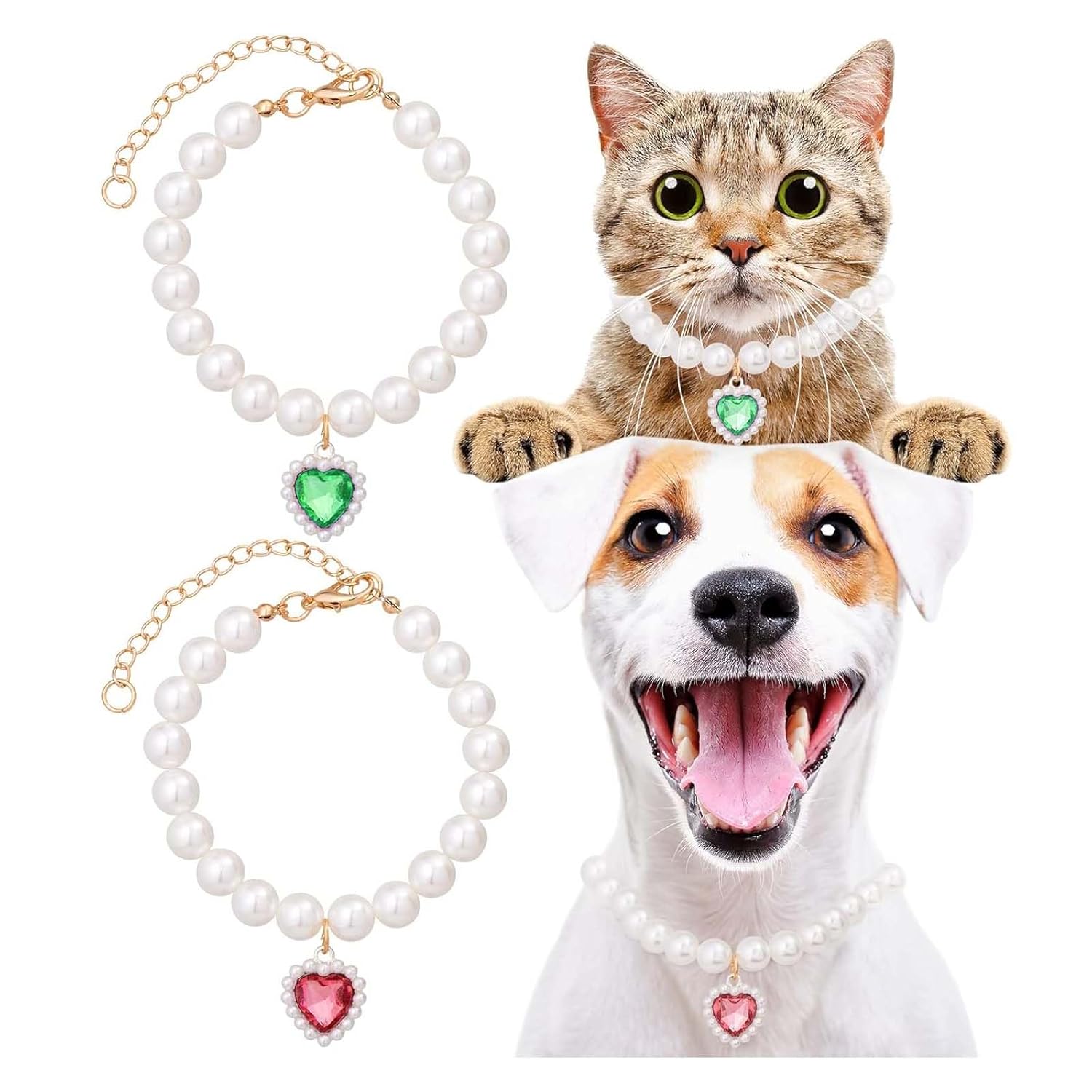 2PCS Jewelry Cat Collar with Green + Red Rhinestone Heart Charm Pearl Pet Collar Jewelry Necklace,Cat Accessories for Indoor Cats, Adjustable Design, Suitable for Puppies and Kittens,10×10 cm