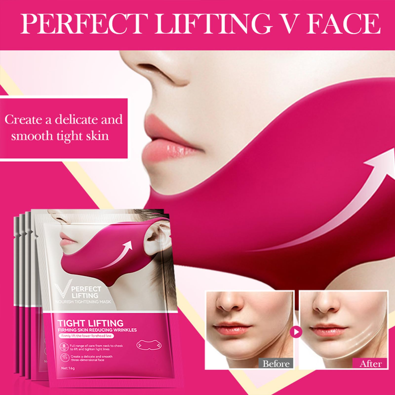 Collagen Face Masks Face Lift Tape V-Line Collagen Face Mask for Lifting Double Chin & Defining Jawline Firming & Tightening Skin- 3pcs - Image 2
