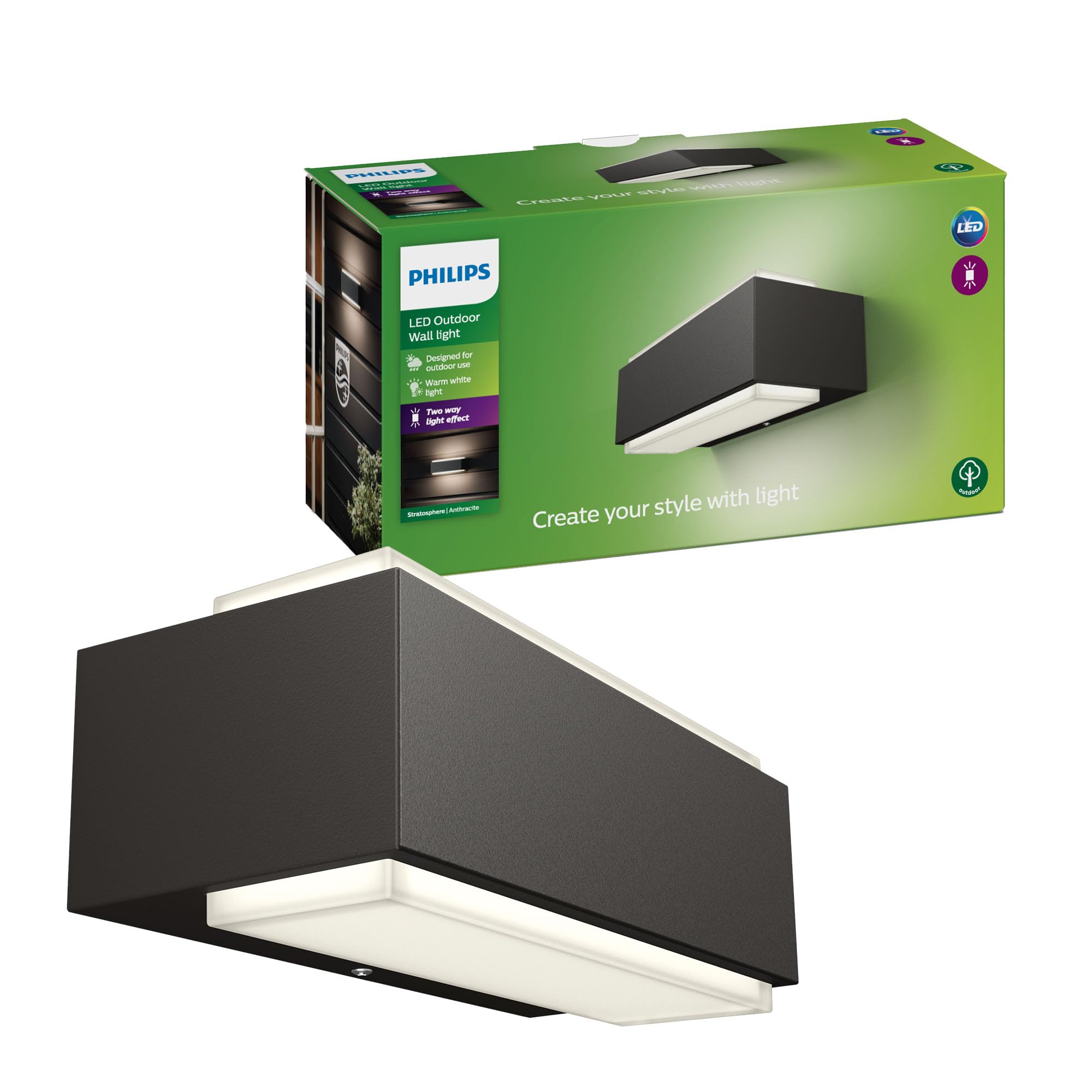 Philips Stratosphere Applique LED, Lampada da Esterno, 9 W, 1.000 lm, Luce Bianca Calda 2.700 K, Resistente a Intemperie IP44, Luce Verticale, LED Integrato, Alluminio, Antracite, Confezione da 2