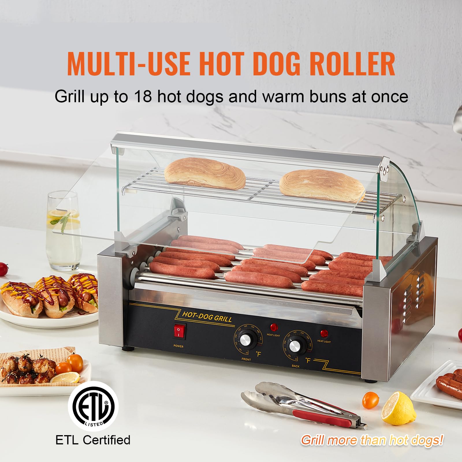 Happybuy Hot Dog Roller, 7 Rollers Capacity for 18 Hot Dogs, 1050W Stainless Steel Cooker with Dual Temp Control, Glass Hood, Bun Warmer Shelf, Removable Oil Drip Tray, ETL Certified