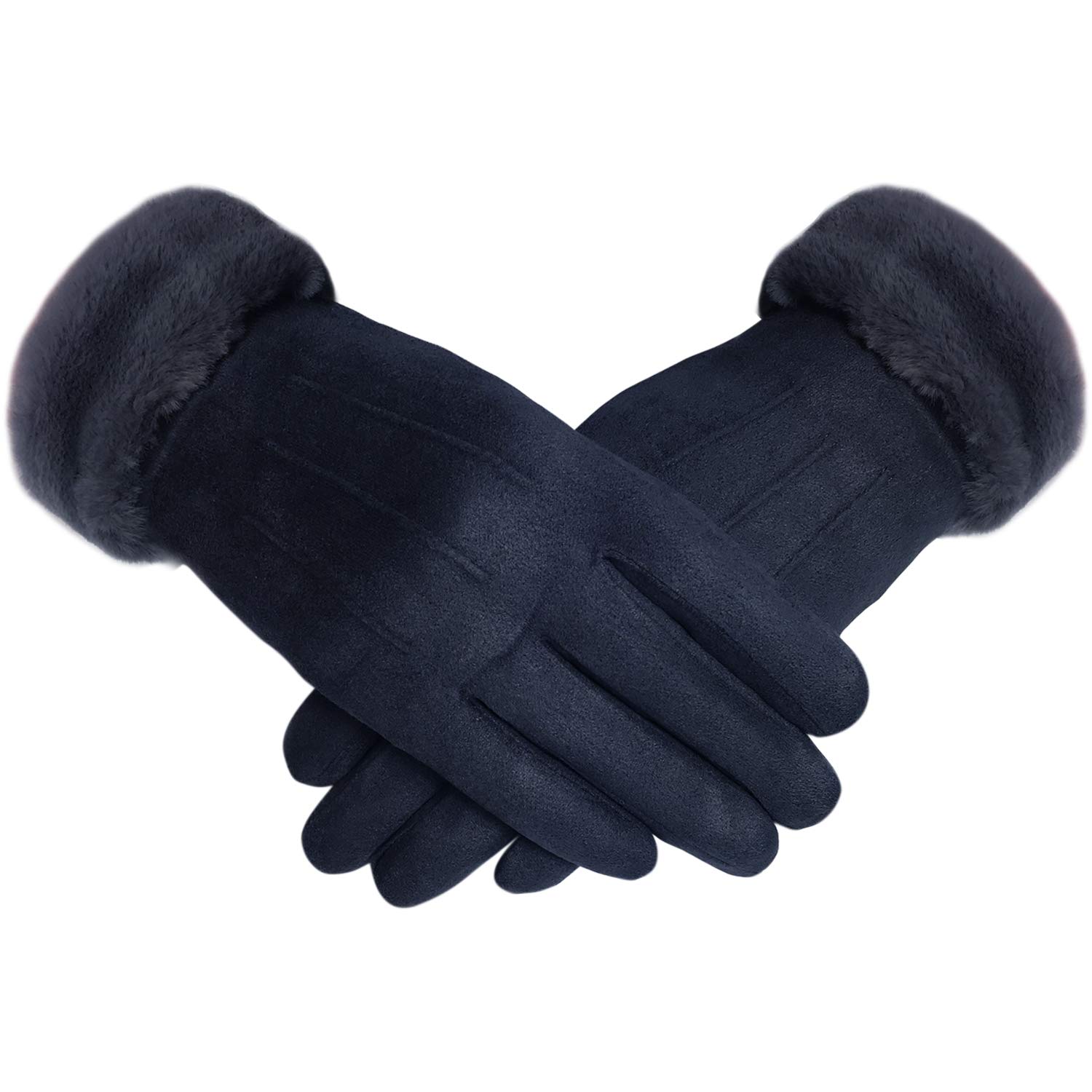 TOSKATOK Ladies Womens Stylish Faux Suede Soft Warm Cosy Winter Gloves with Cosy Liner and Faux Fur Cuff-Navy